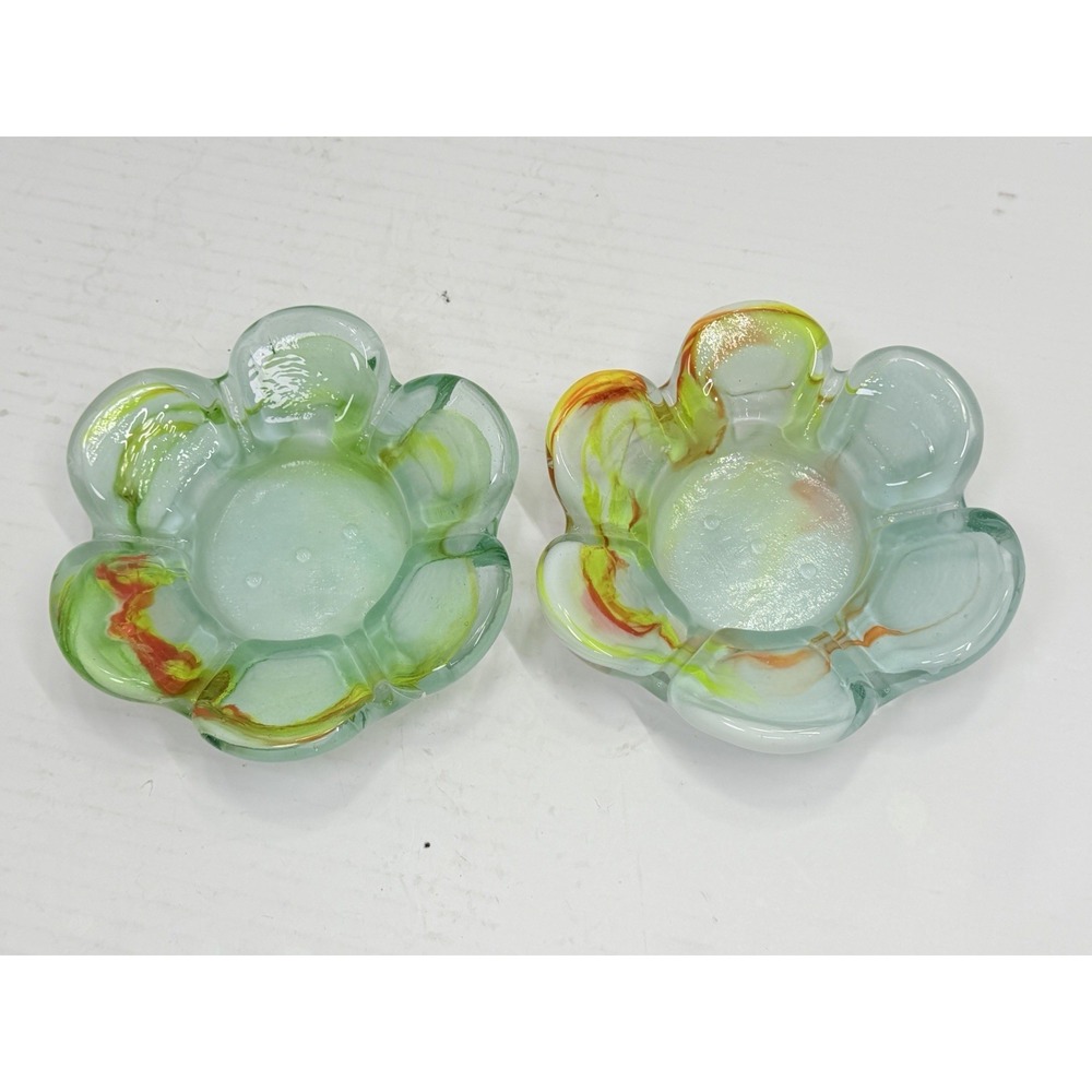 Pair Vintage Hand Blown Art Glass Ruffled Ashtrays Opalescent Swirl 6.25"
